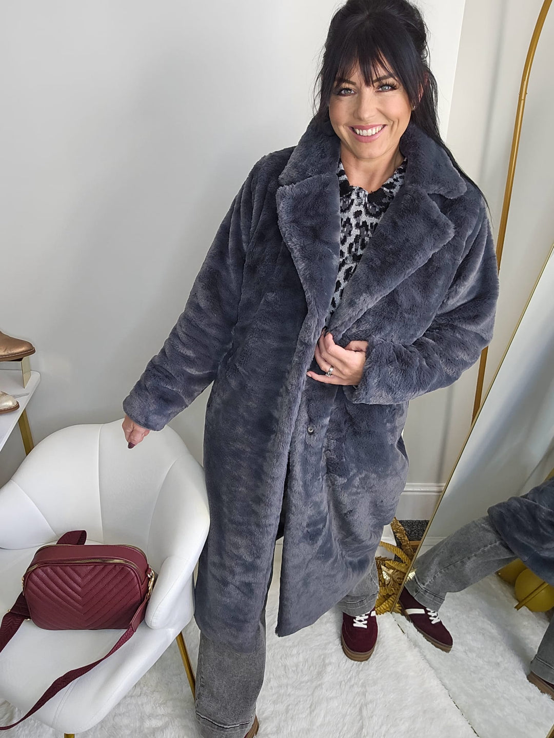 Oslo Faux Fur Longline Coat - Charcoal (One Size - fits from Size 10 up to Size 16)