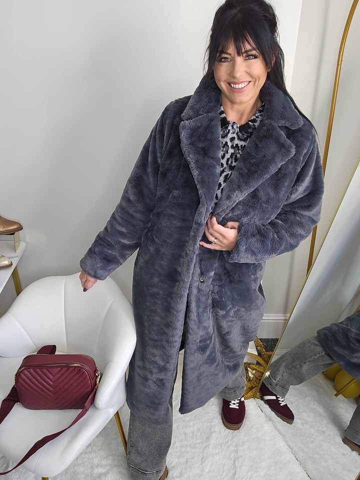 Oslo Faux Fur Longline Coat - Charcoal (One Size - fits from Size 10 up to Size 16)