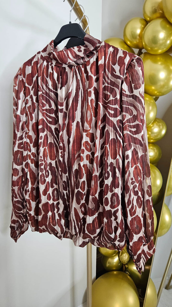 Vicky High Neck Shimmer Blouse - (One Size fits from Size 8/10 up to Size 16) - Chocolate