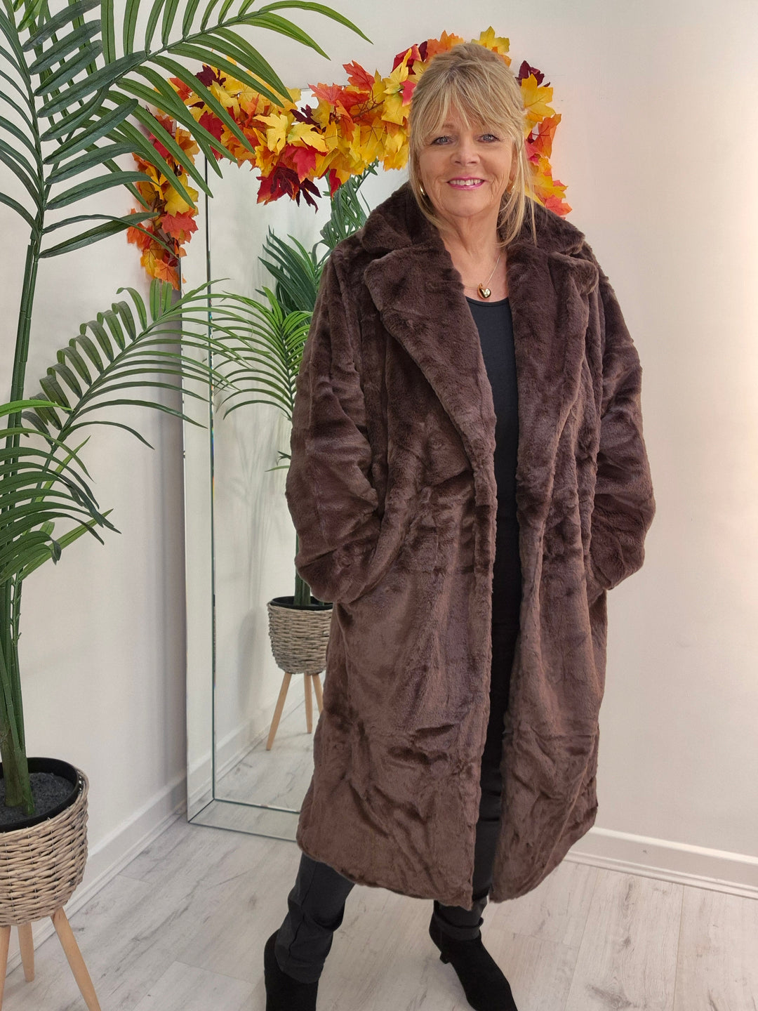 Oslo Faux Fur Longline Coat - Chocolate (choose your Size)