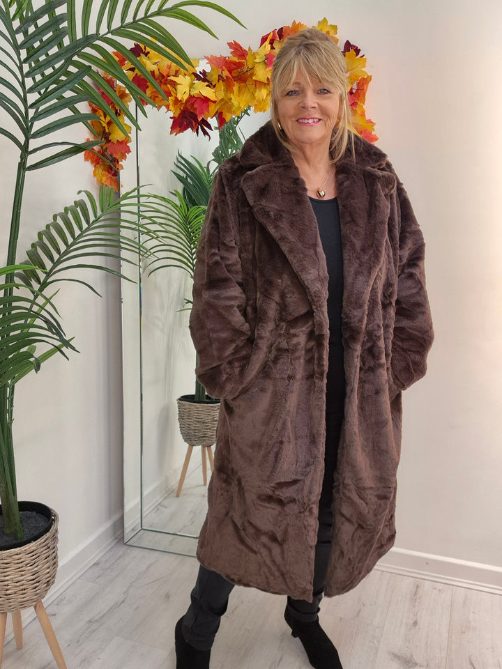 Oslo Faux Fur Longline Coat - Chocolate (choose your Size)