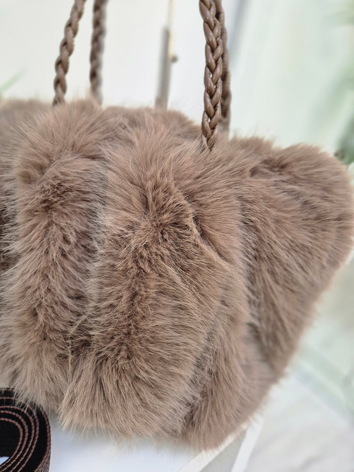 Oslo Faux Fur Bag with Dual Handles - Chocolate (Large Size)