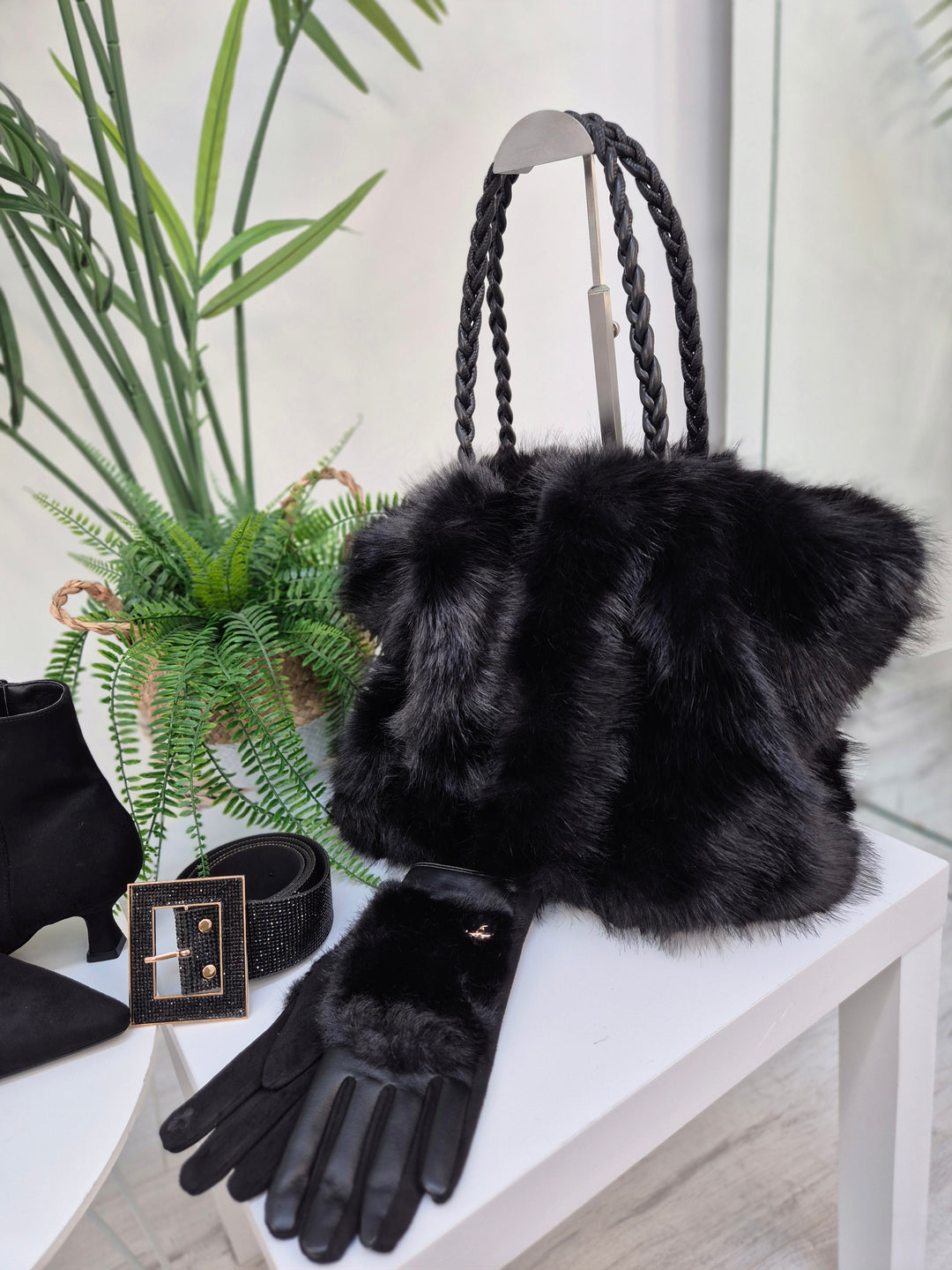 Oslo Faux Fur Bag with Dual Handles - Black (Large Size)