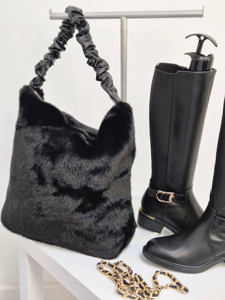 Oslo Large Faux Fur Bag with Stretchy Faux Leather Handle - Black