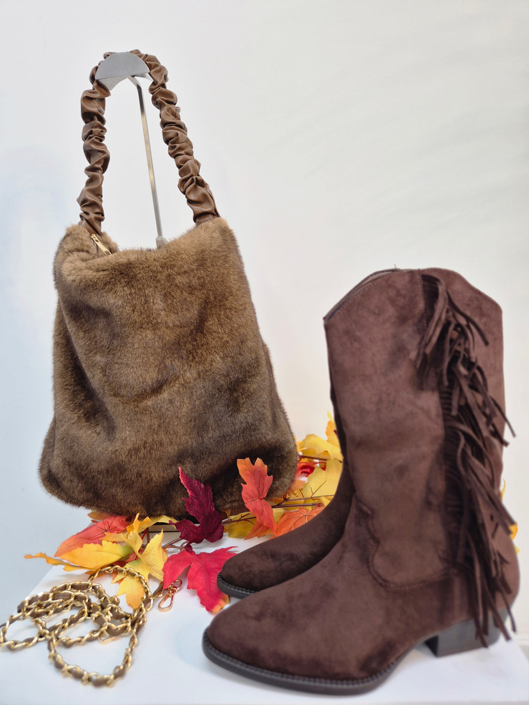 Oslo Large Faux Fur Bag with Stretchy Faux Leather Handle - Chocolate