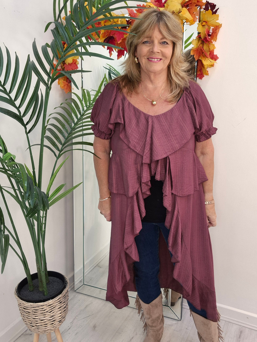 Rhea Ruffle Hi Lo Blouse - Wine - One Size fits up to Size 16/18