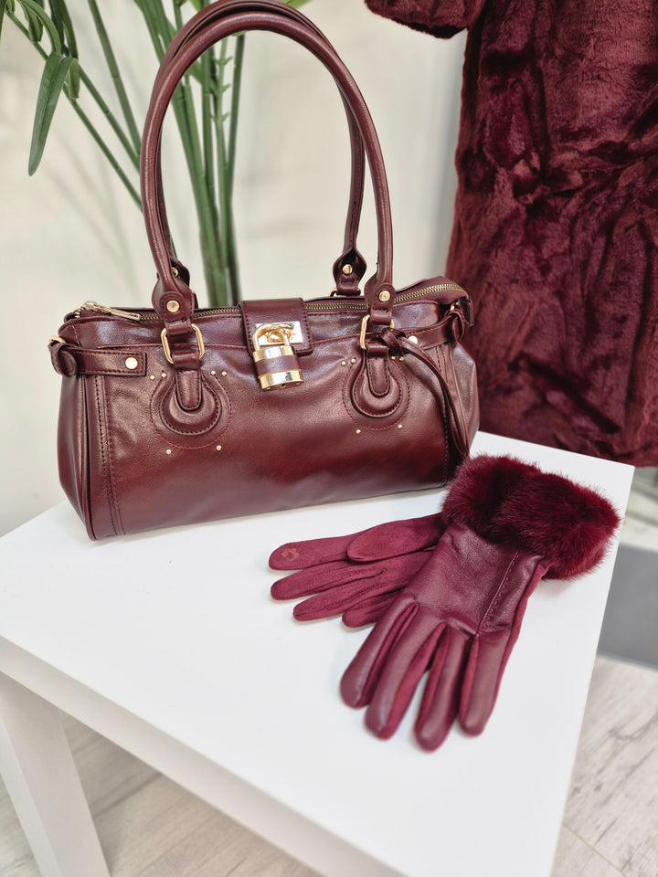 Oslo Gloves with Faux Leather & Faux Fur - Wine