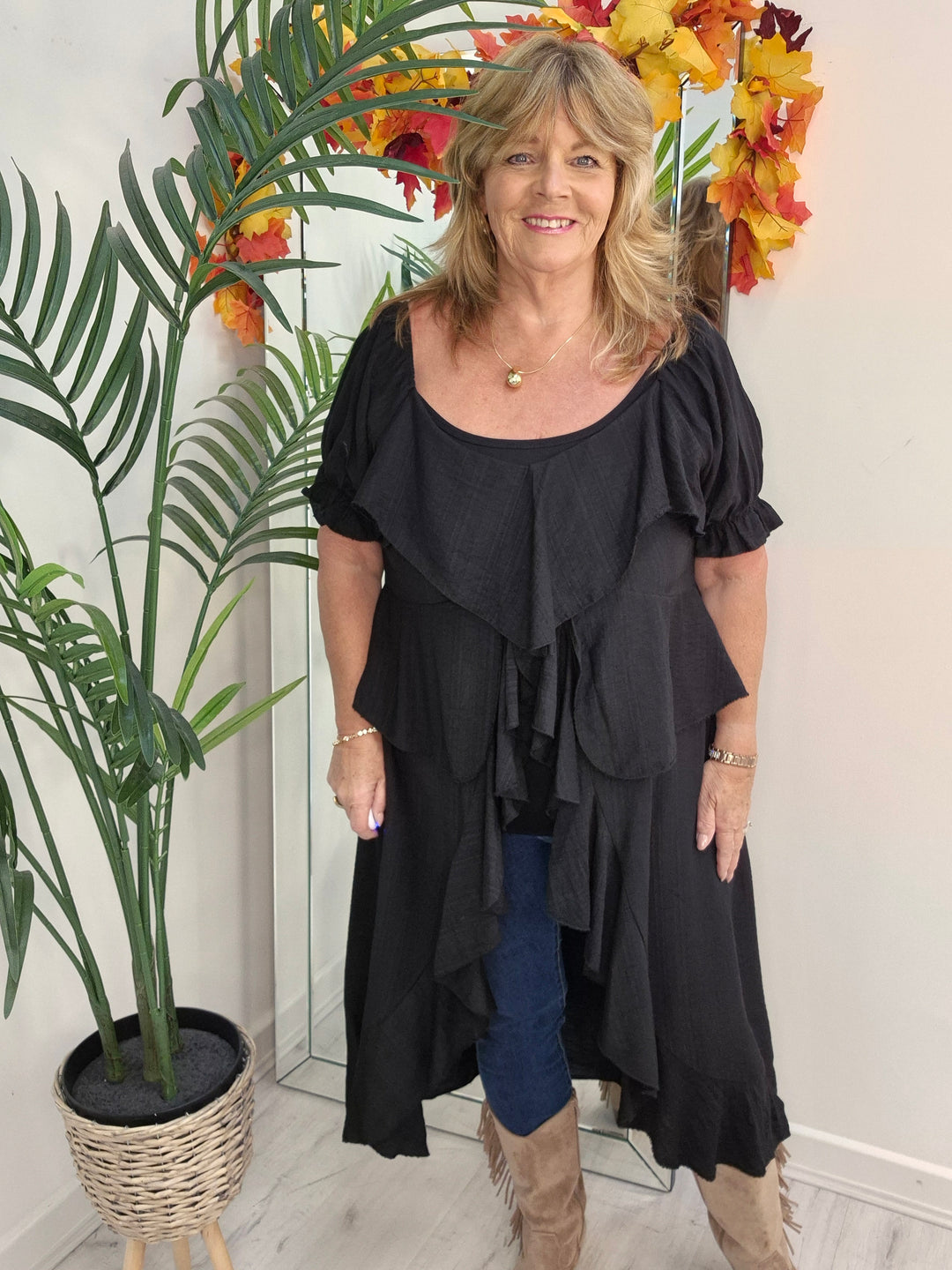 Rhea Ruffle Hi Lo Blouse - Black - One Size fits up to Size 16/18