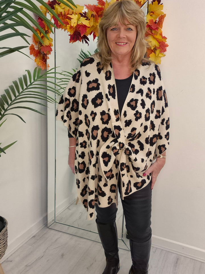 Leopard Super Soft Poncho/Wrap - Latte (One Size/Curvy Size from 12 up to Size 20)