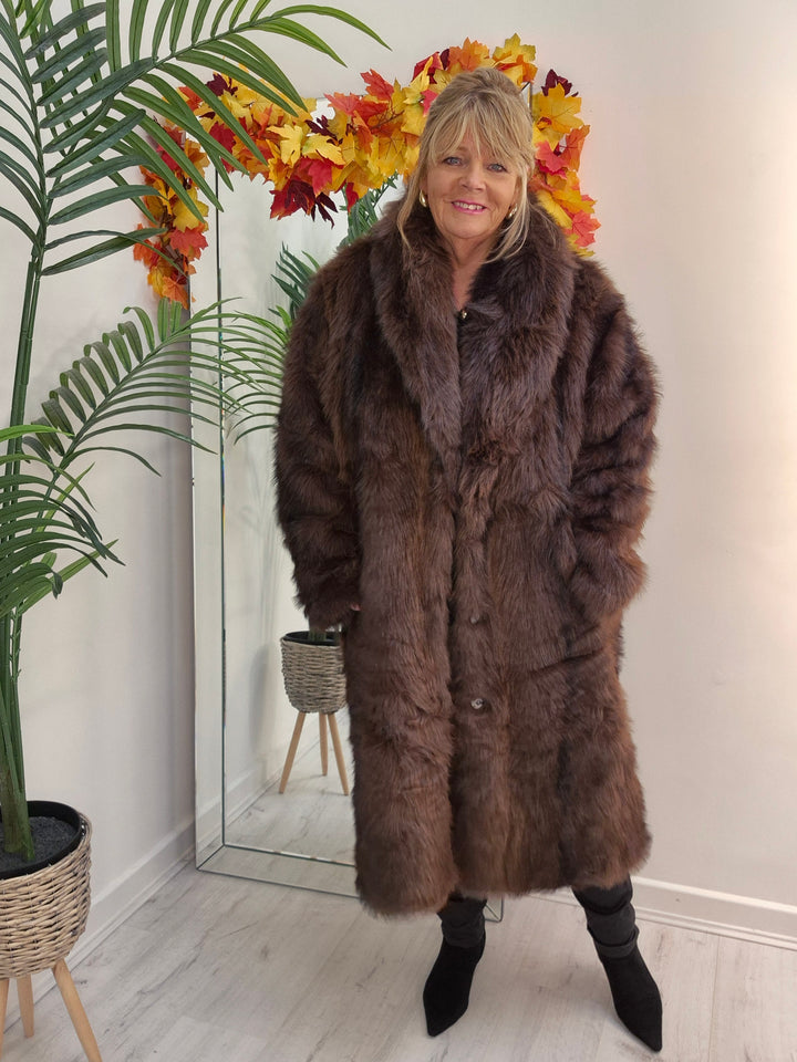 Oslo Fluffy Faux Fur Coat - Chocolate (choose your Size)
