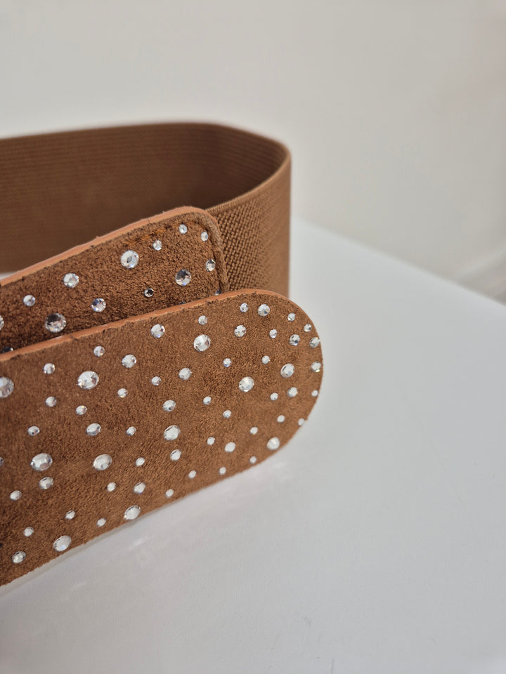 Stretchy Crystal Belt - Tan - (One Size, fits from Size 8 to Size 16)