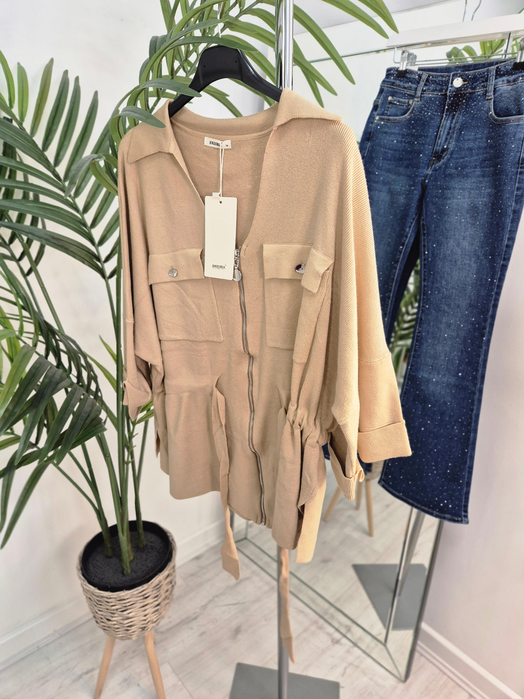 Danni Drawstring Cardigan - Beige - (One Size/Curvy - fits up to Size 18/20)