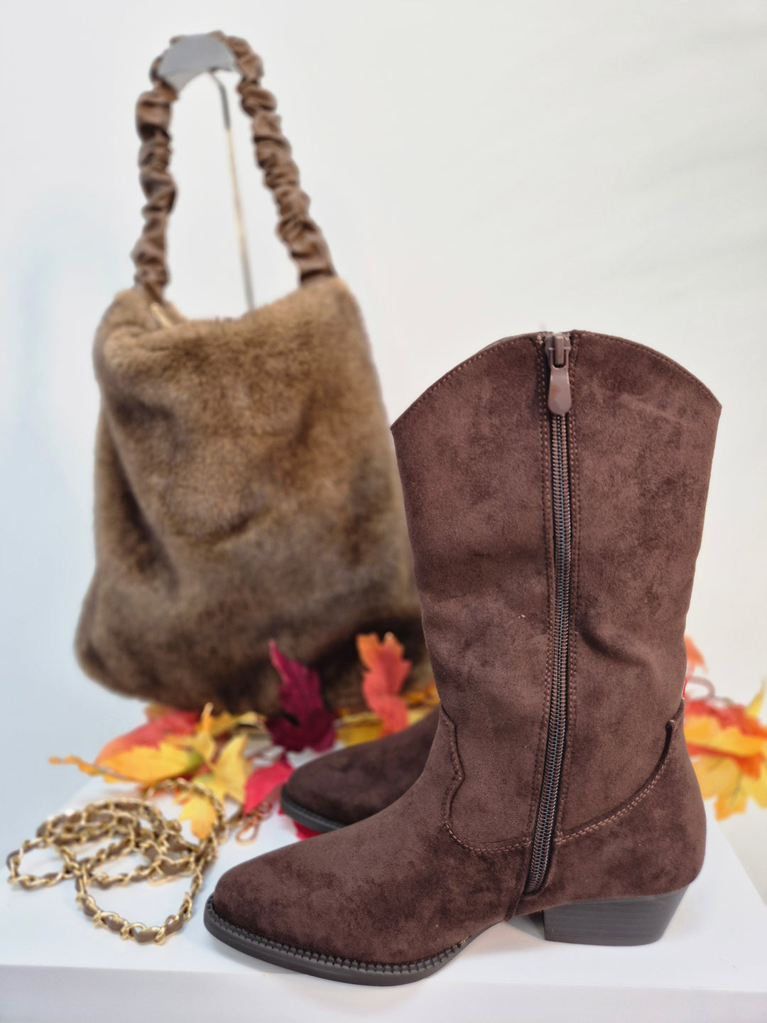 Oslo Large Faux Fur Bag with Stretchy Faux Leather Handle - Chocolate