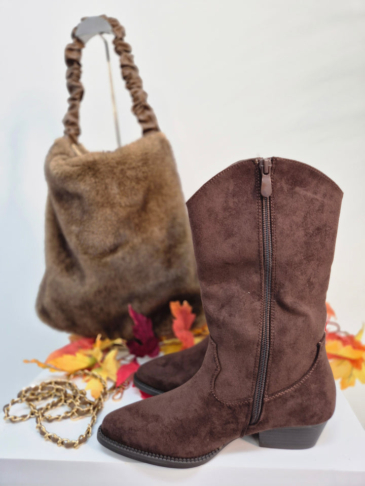 Oslo Large Faux Fur Bag with Stretchy Faux Leather Handle - Chocolate