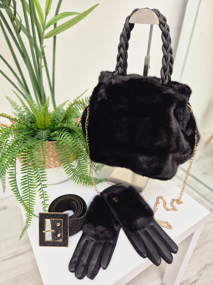 Oslo Faux Fur Bag with Gold Chain - Black