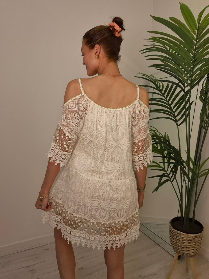 Ibiza Strappy Dress with Cold Shoulder - White/Gold