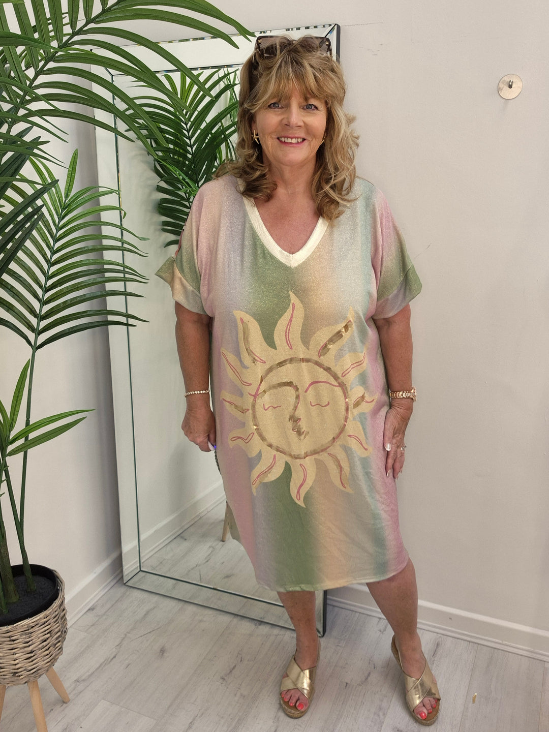 Carla Shimmer Dress - Sunshine with Palms (Loose Fit)