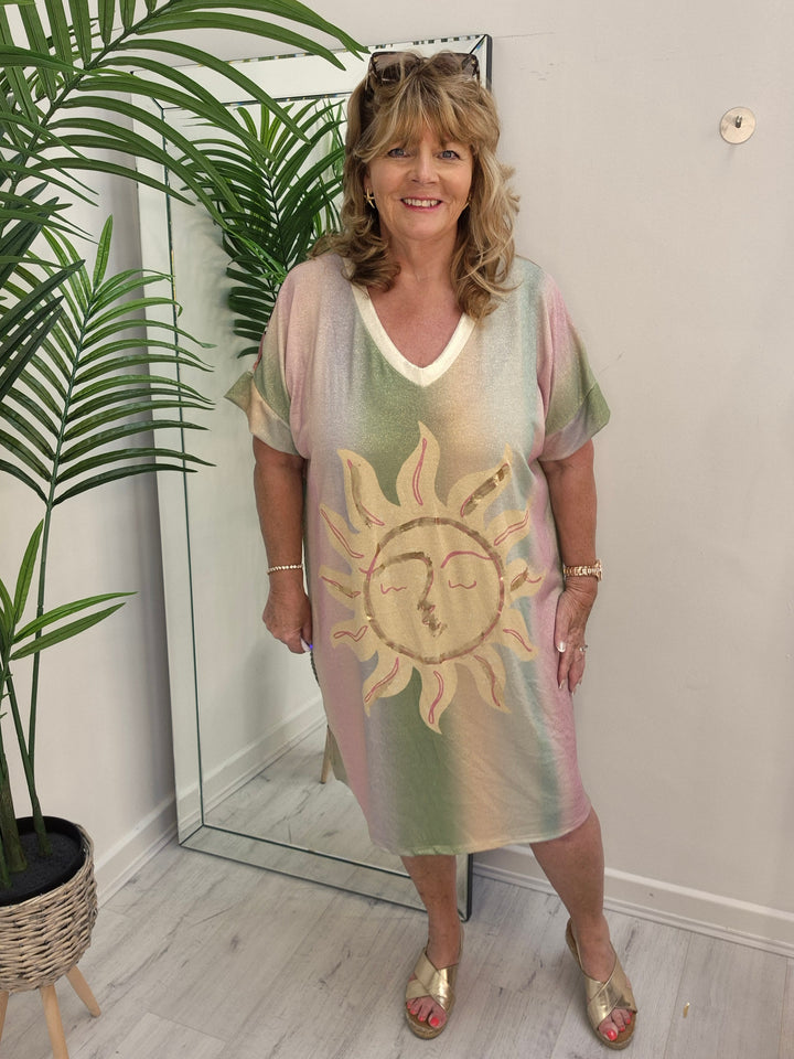 Carla Shimmer Dress - Sunshine with Palms (Loose Fit)