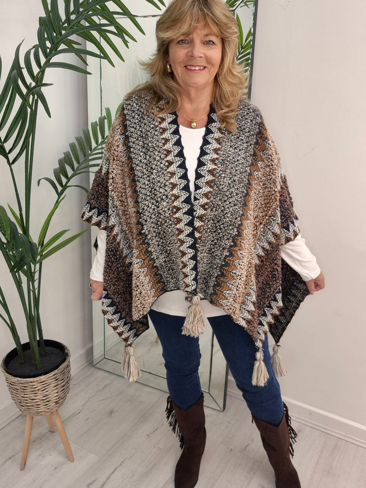 Aztec Poncho with Tassels - Chocolate Multi
