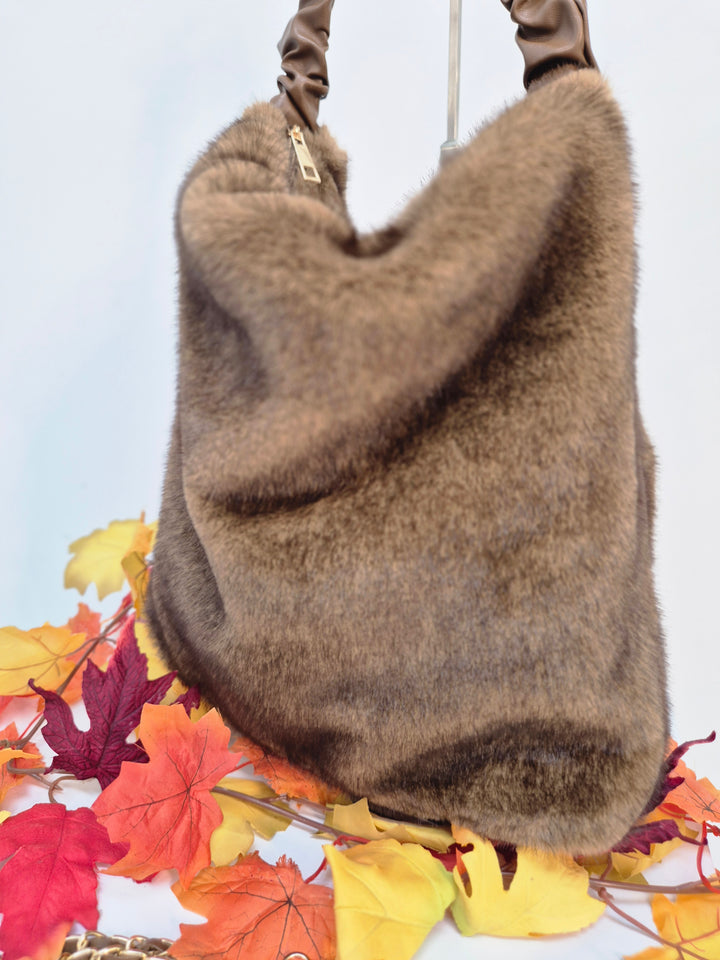 Oslo Large Faux Fur Bag with Stretchy Faux Leather Handle - Chocolate