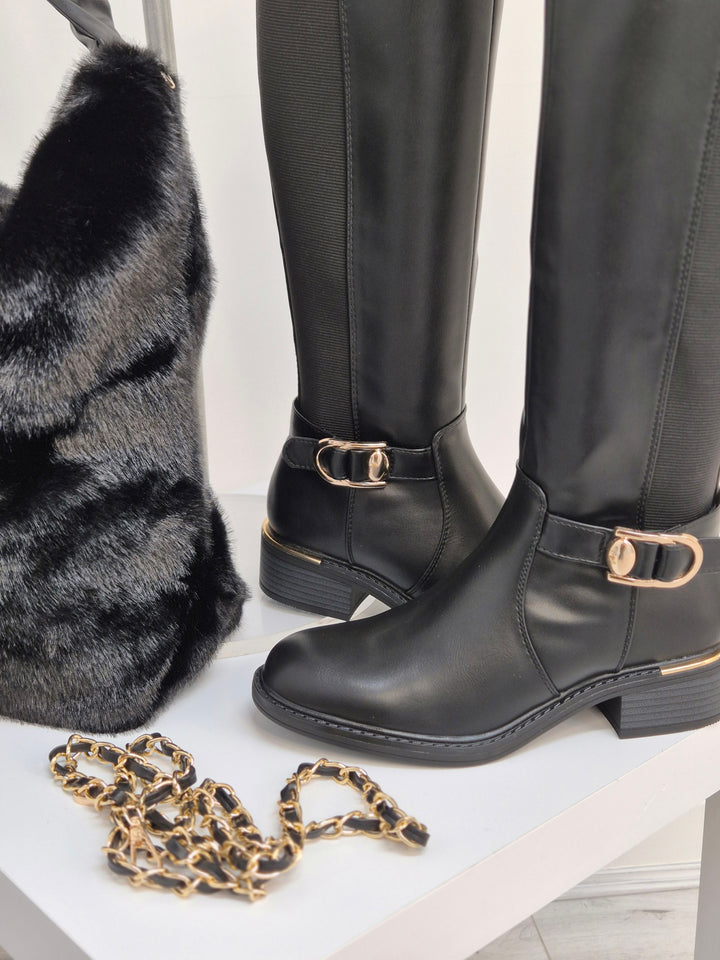 Oslo Large Faux Fur Bag with Stretchy Faux Leather Handle - Black