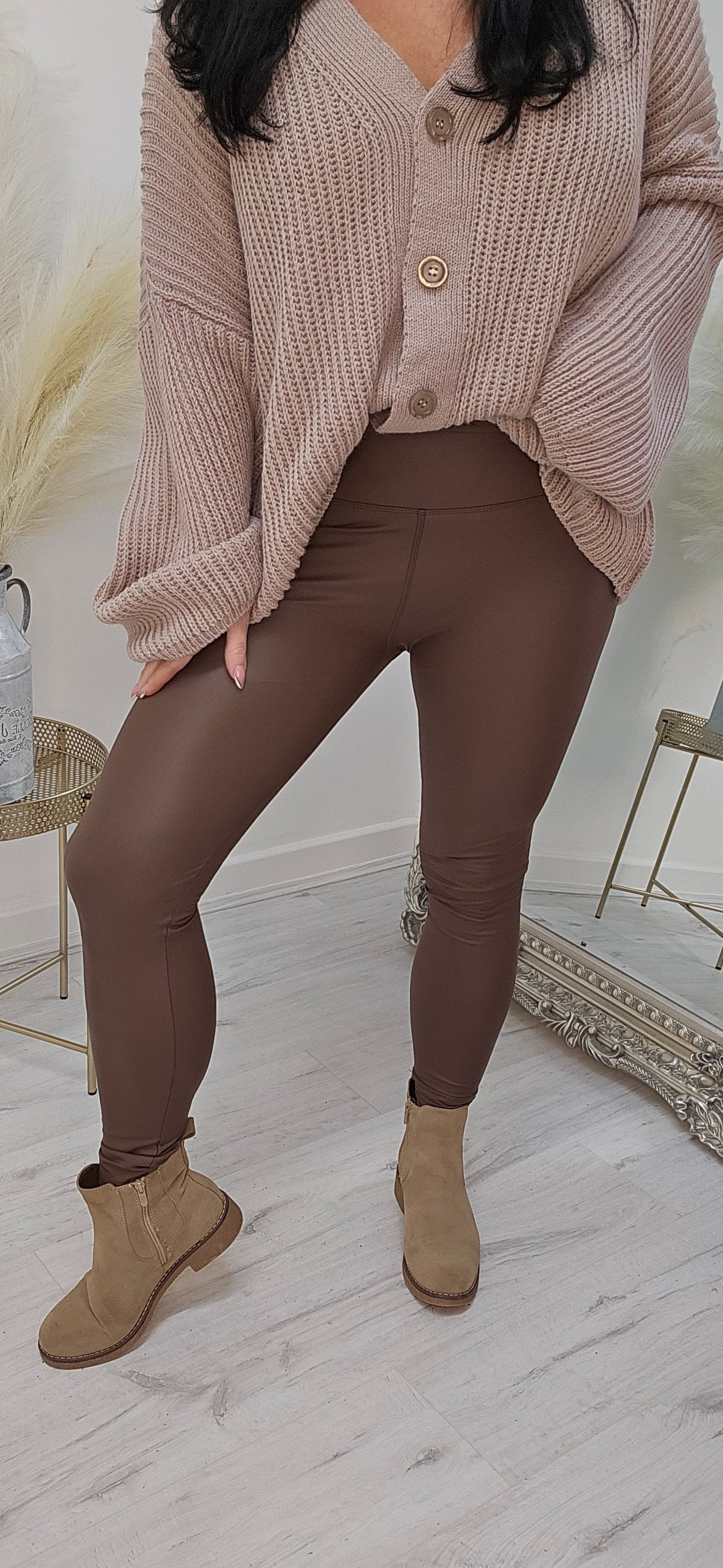 Lara Leather Look PU Leggings - Chocolate (choose your Size)