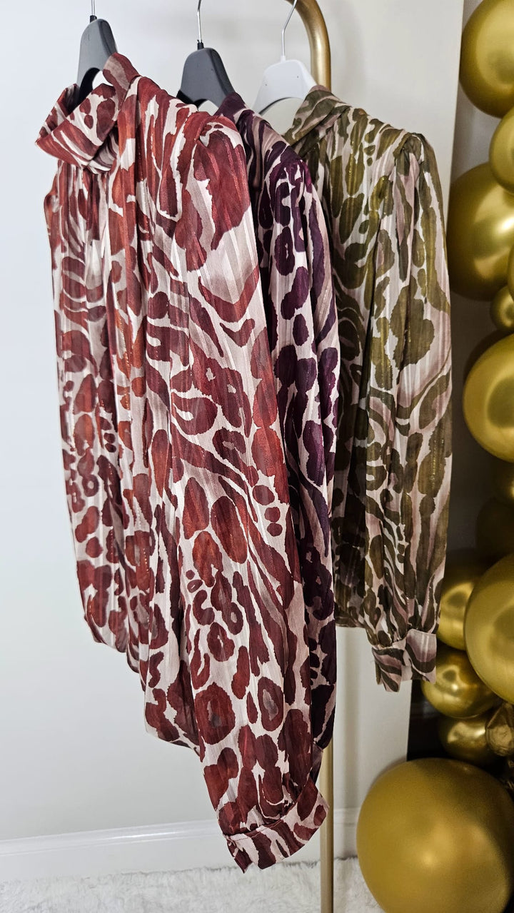 Vicky High Neck Shimmer Blouse - (One Size fits from Size 8/10 up to Size 16) - Chocolate