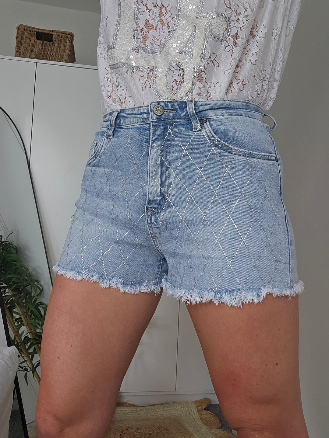 Crystal Diamante Frayed Shorts - Stonewashed (choose your Size)