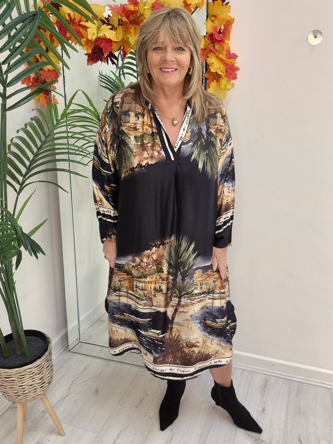 Amalfi Village Silk Dress - Black/Khaki - (One Size/Curvy - fitting from Size 14 to Size 20)