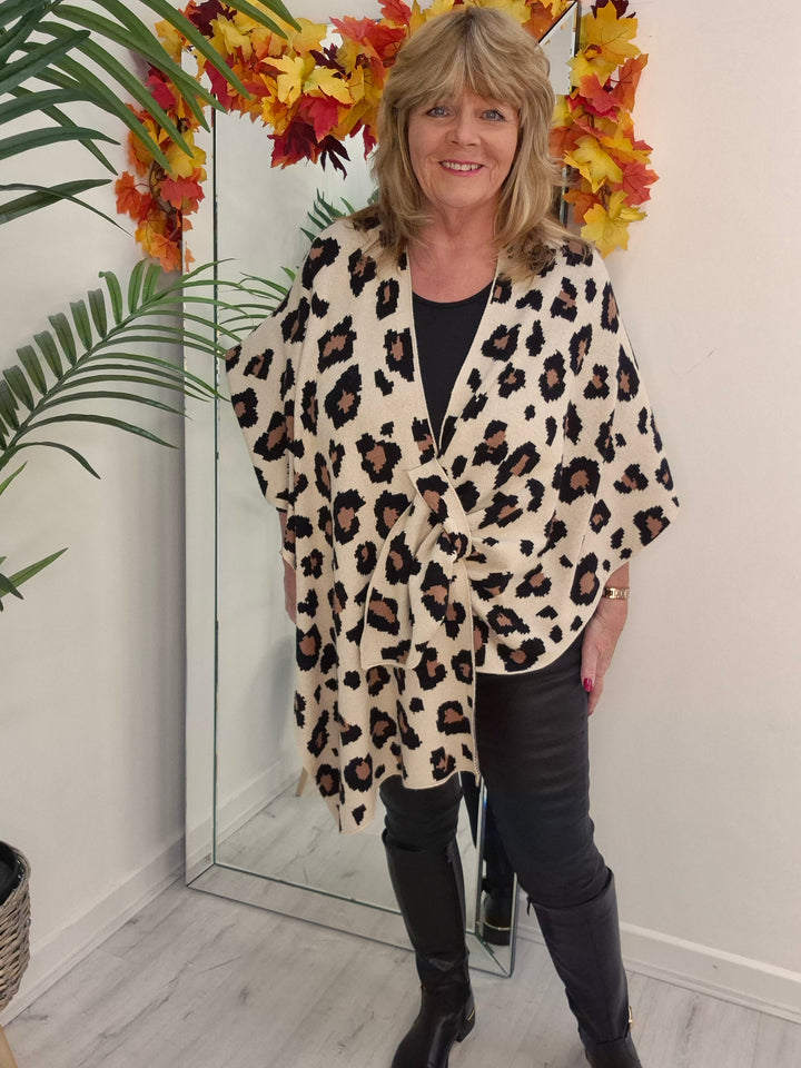 Leopard Super Soft Poncho/Wrap - Latte (One Size/Curvy Size from 12 up to Size 20)