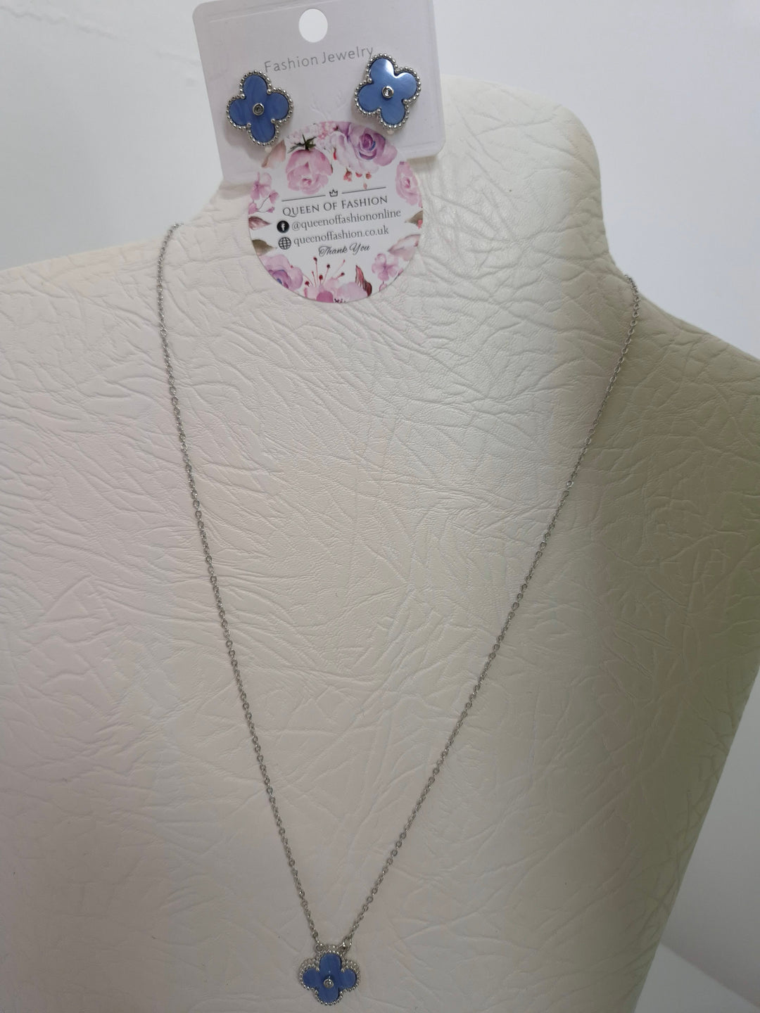 Clover Necklace, Earrings & Bracelet (choose your item) - Blue in Silver Tone