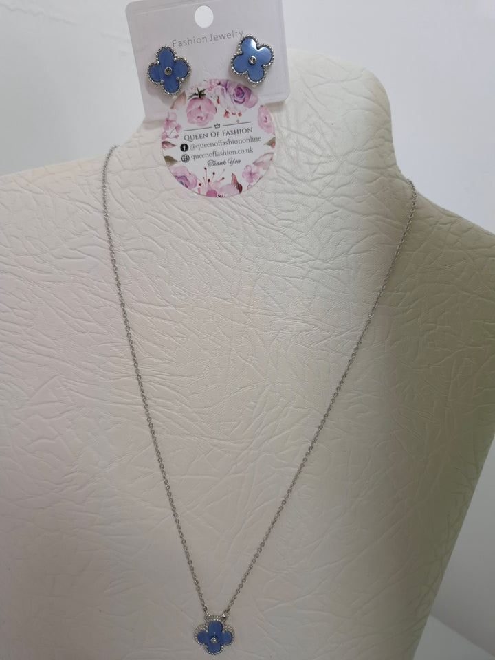 Clover Necklace, Earrings & Bracelet (choose your item) - Blue in Silver Tone
