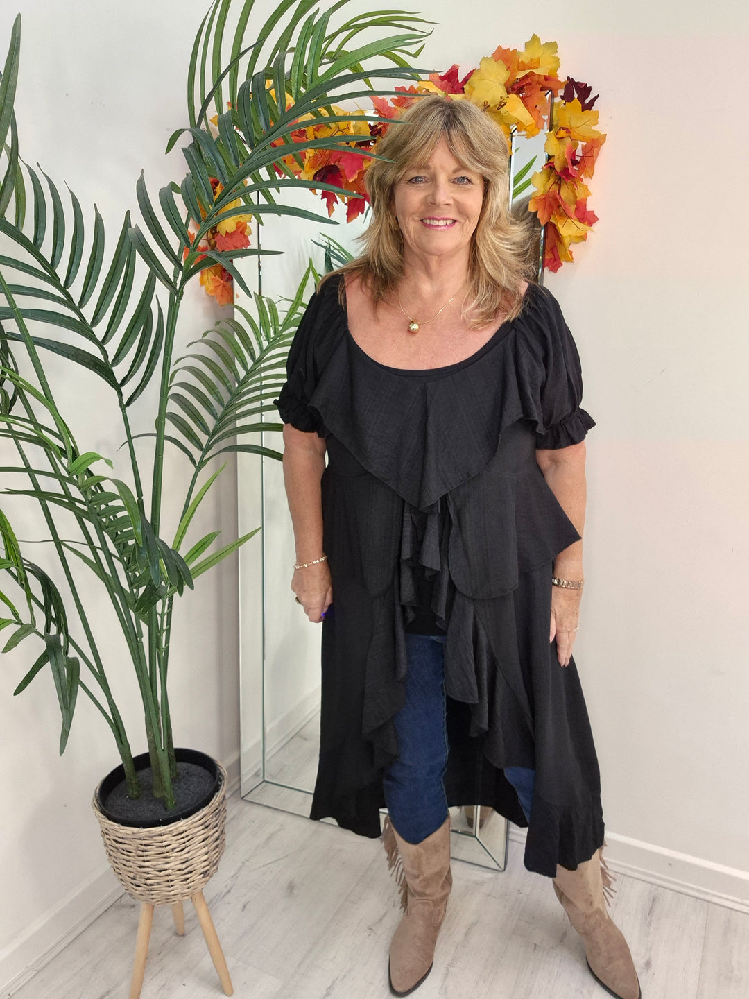 Rhea Ruffle Hi Lo Blouse - Black - One Size fits up to Size 16/18