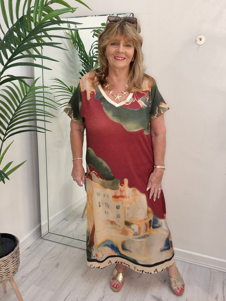 Carla Shimmer Maxi Dress - Amalfi Village - Red (One Size - fits up to Size 18)