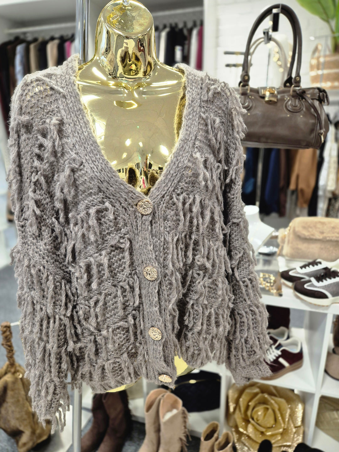 Shaggy Cardigan with Gold Buttons (Oversized) Long Length - Mocha