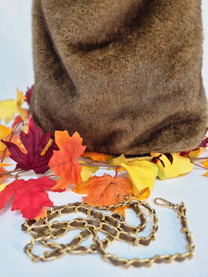 Oslo Large Faux Fur Bag with Stretchy Faux Leather Handle - Chocolate