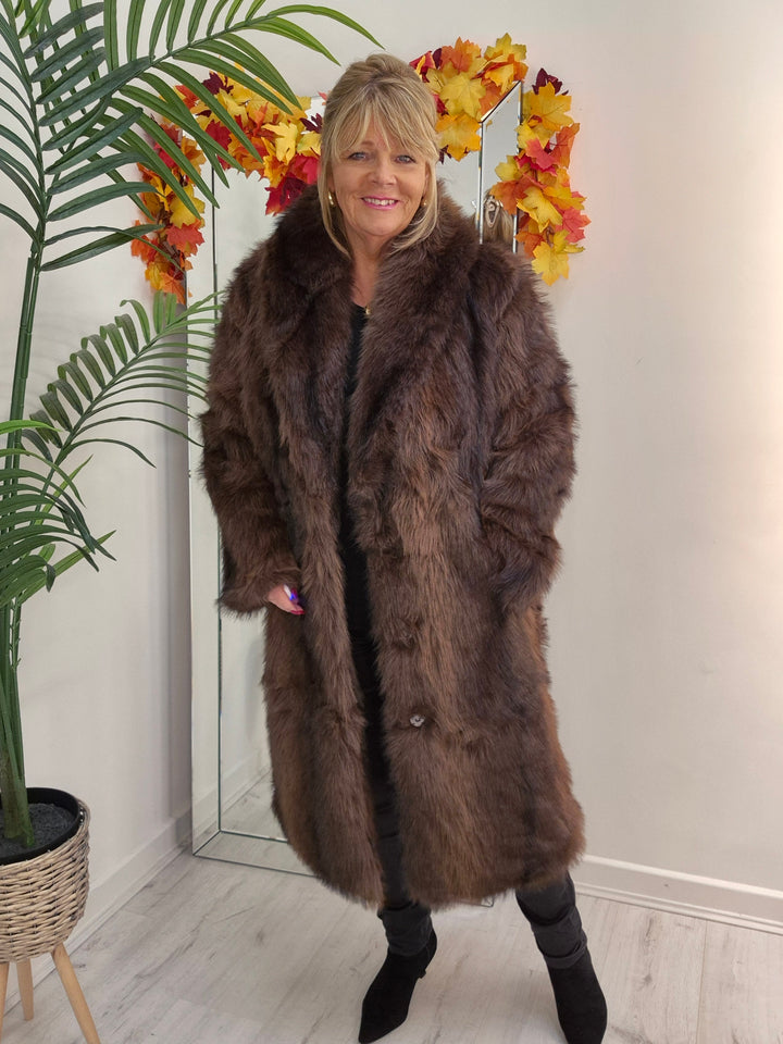 Oslo Fluffy Faux Fur Coat - Chocolate (choose your Size)
