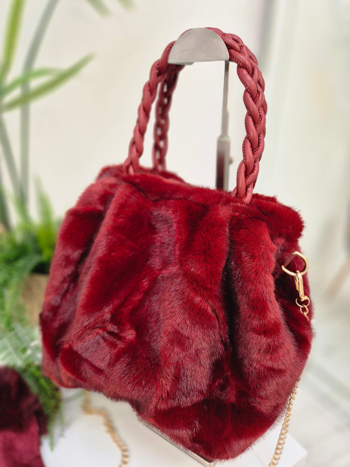 Oslo Faux Fur Bag with Gold Chain - Wine