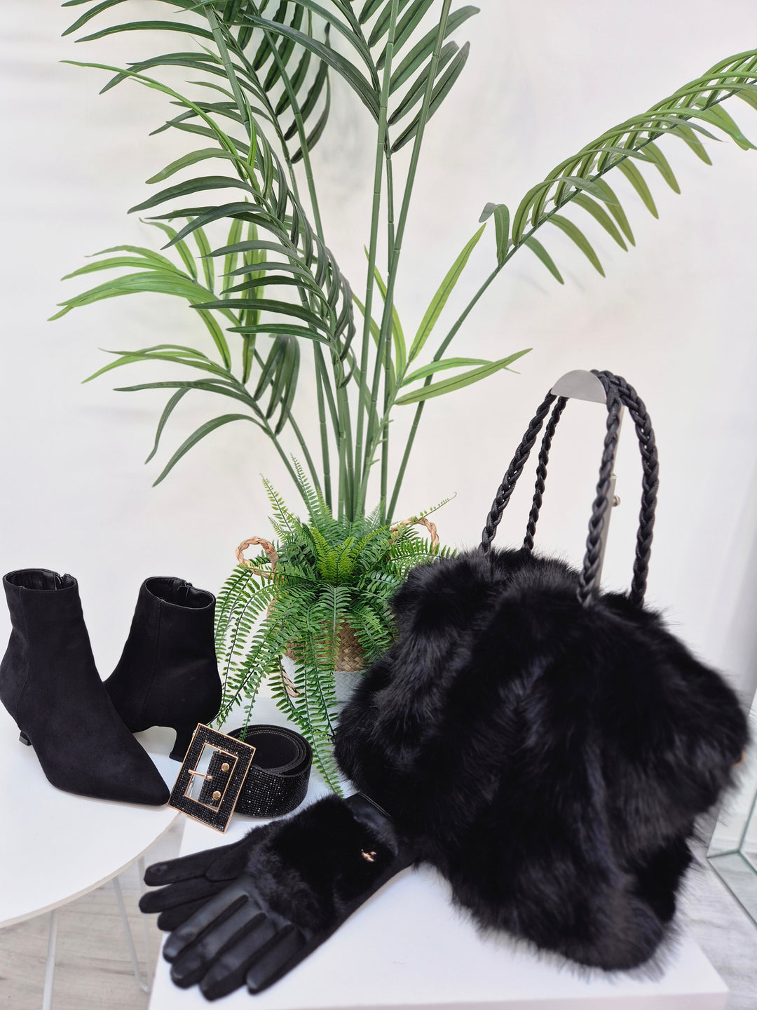 Oslo Faux Fur Bag with Dual Handles - Black (Large Size)