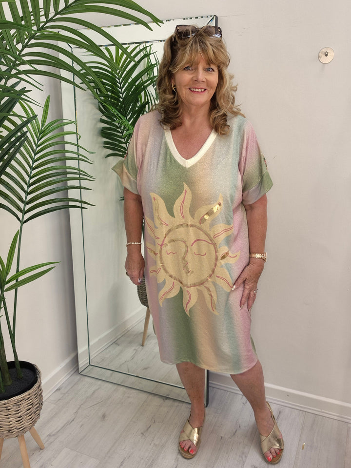 Carla Shimmer Dress - Sunshine with Palms (Loose Fit)