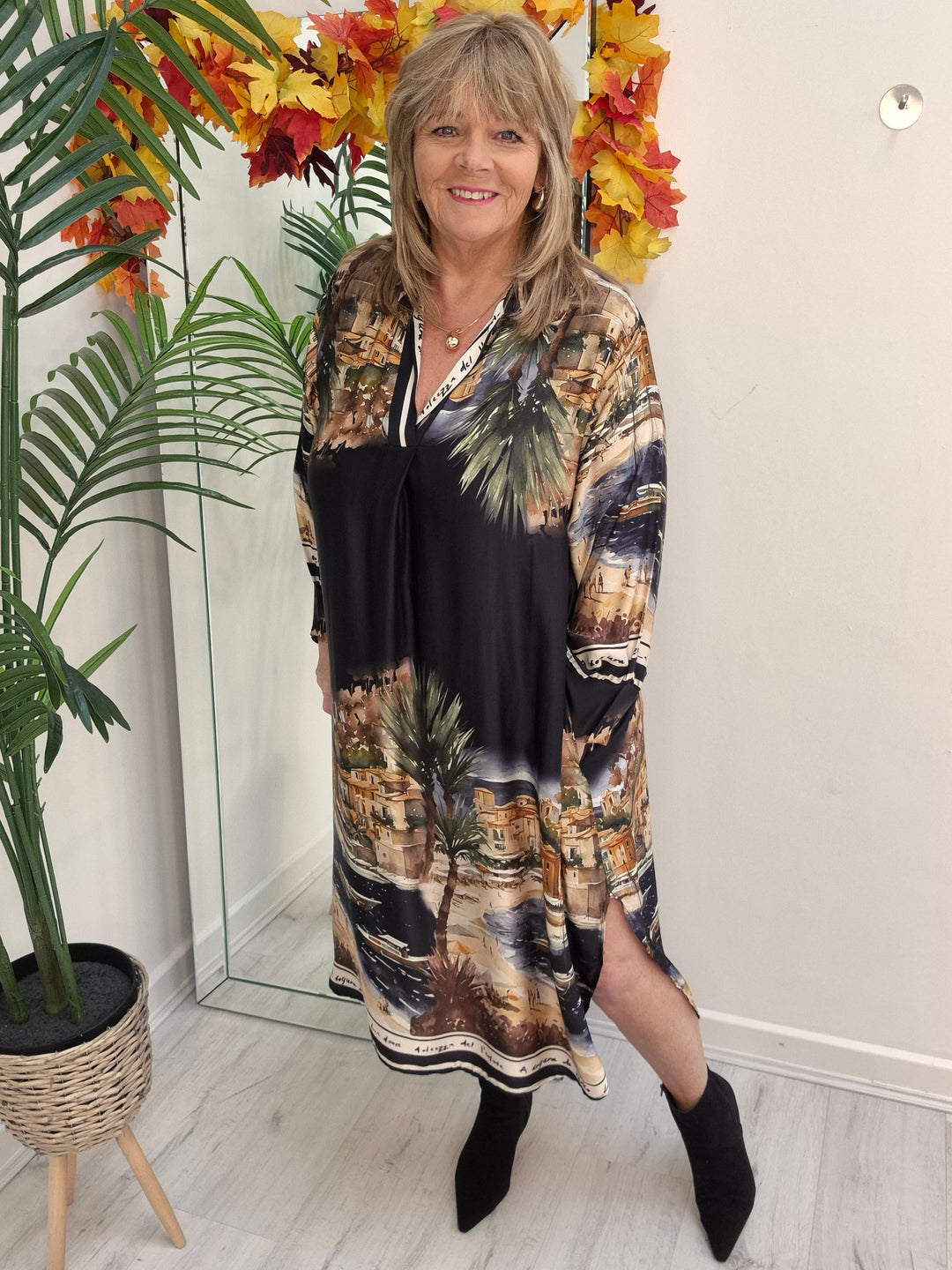 Amalfi Village Silk Dress - Black/Khaki - (One Size/Curvy - fitting from Size 14 to Size 20)