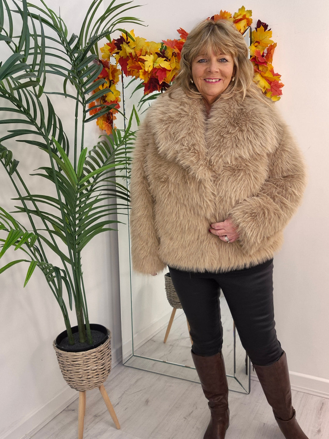 Oslo Faux Fur Shawl Collar Jacket - Light Camel (One Size/Curvy - fitting from Size 14 up to Size 18)