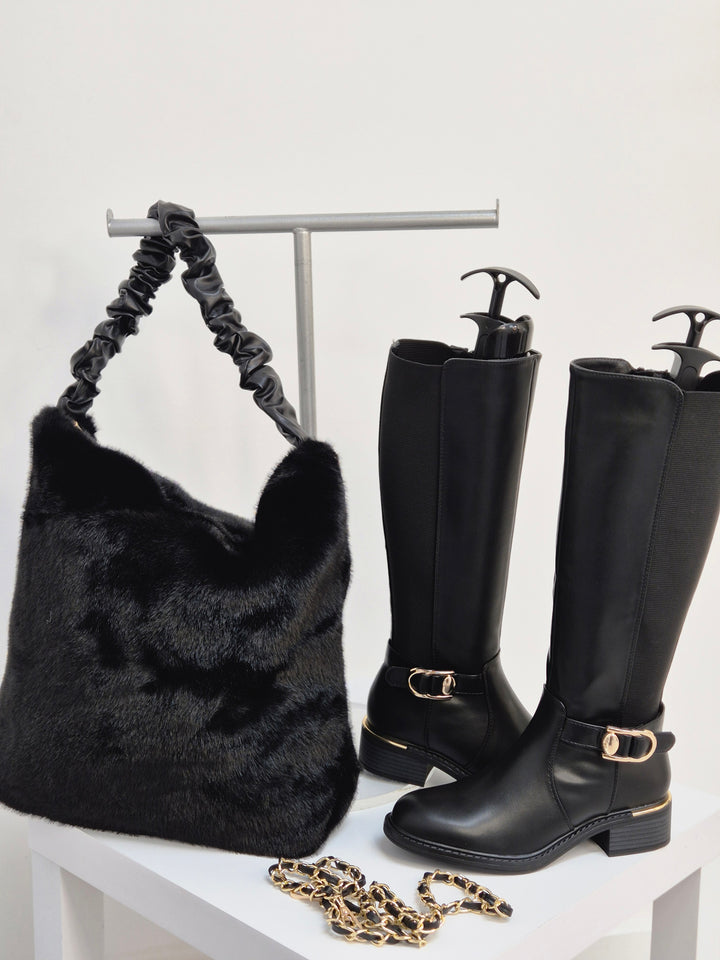 Oslo Large Faux Fur Bag with Stretchy Faux Leather Handle - Black