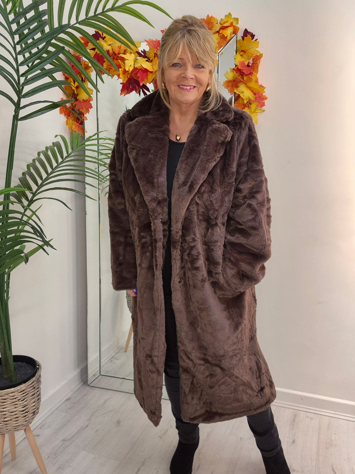 Oslo Faux Fur Longline Coat - Chocolate (choose your Size)