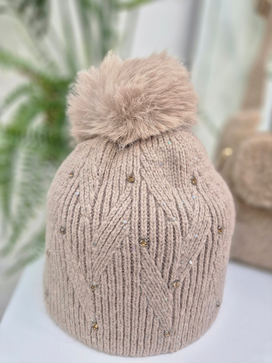 Oslo Fur Fur Pom Pom Hat with Crystals & Metallic Thread - Biscuit
