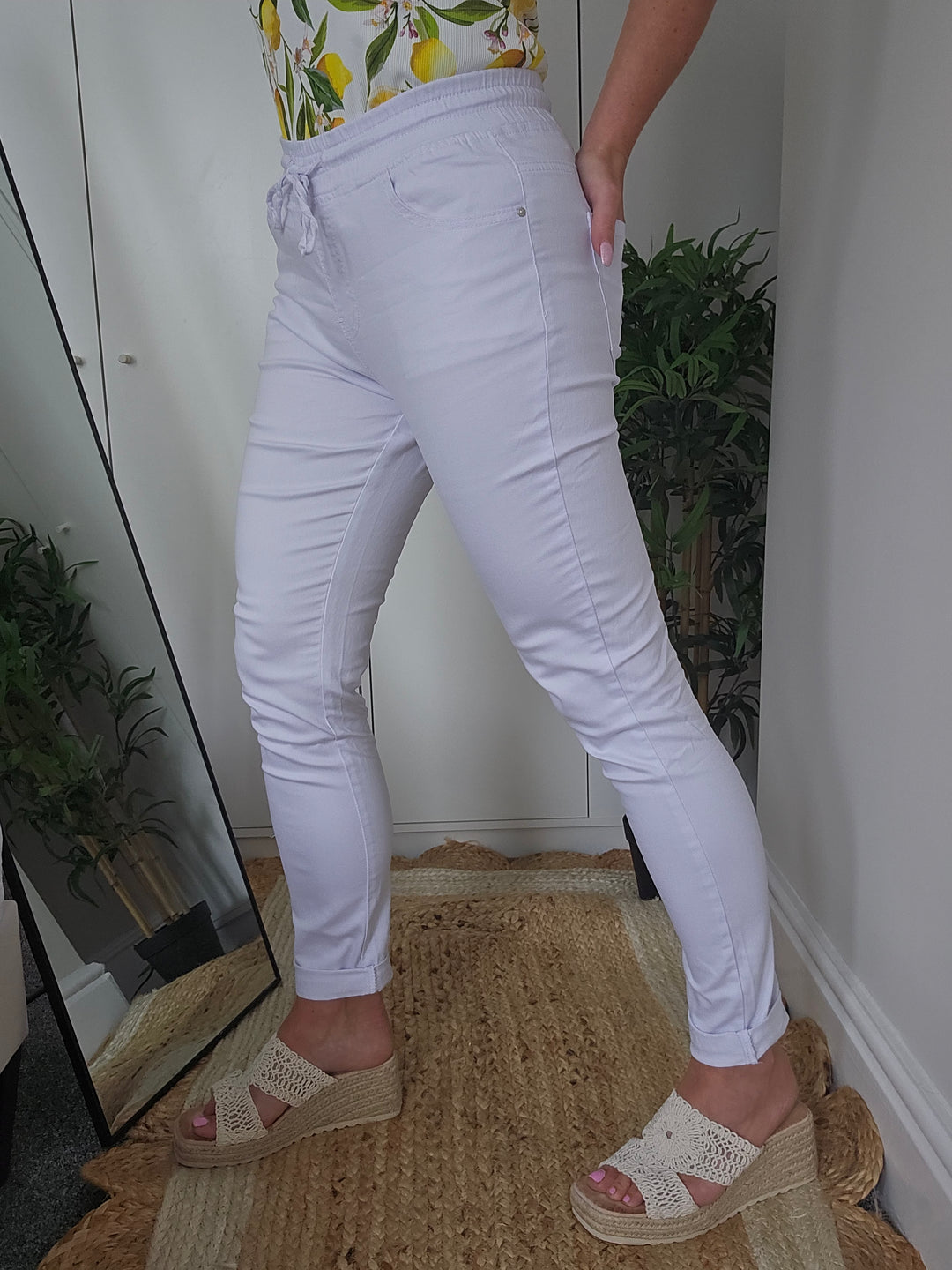 Blanco Elasticated Waist & Drawstring Jeans  - White - (choose your Size)