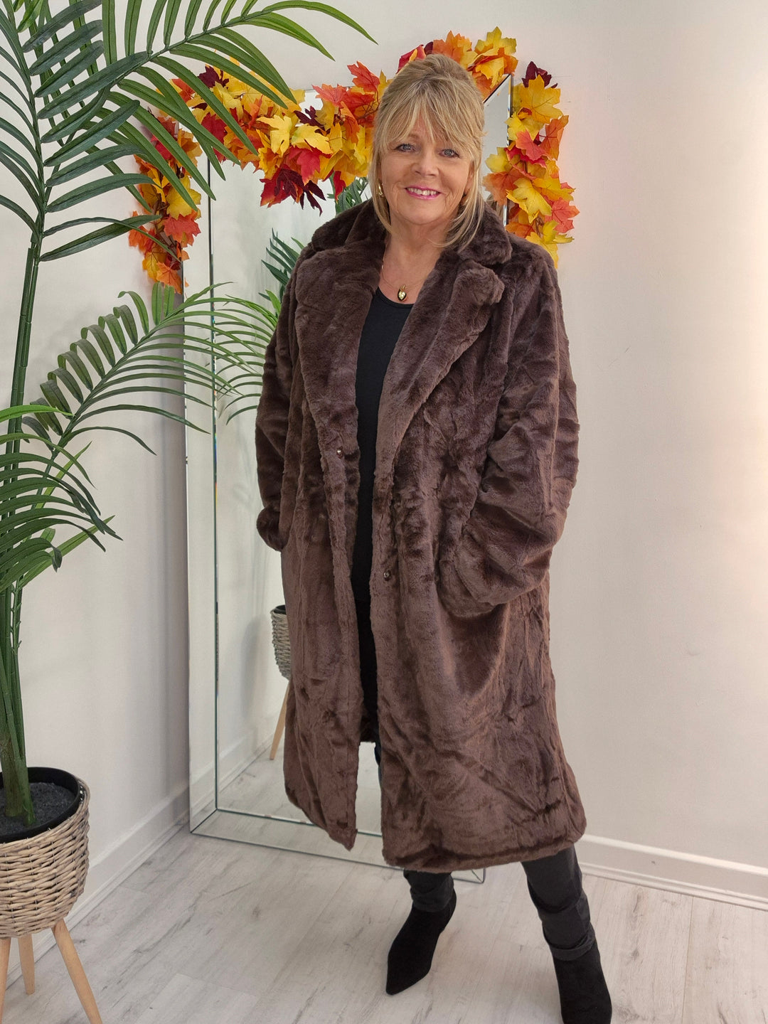 Oslo Faux Fur Longline Coat - Chocolate (choose your Size)