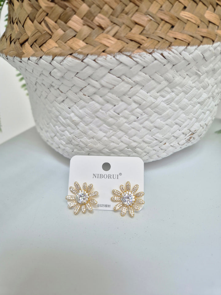 Crystal Flower Earrings - Gold Tone (Pierced)