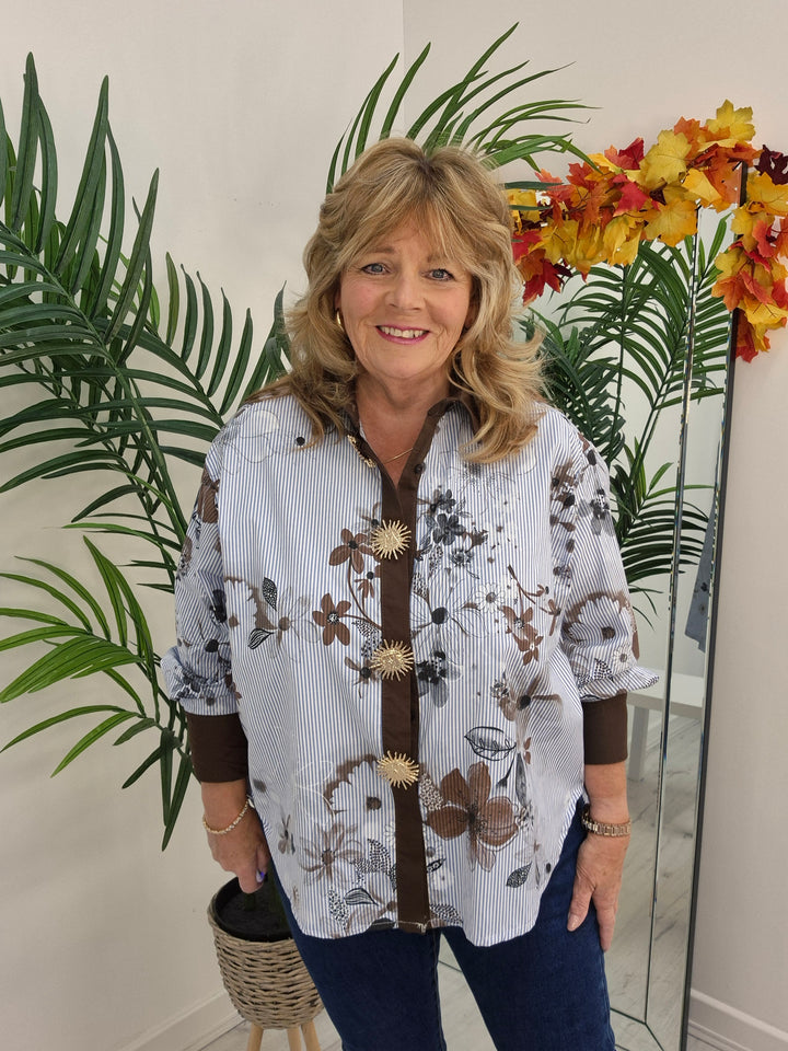 Zeta Otto Oversized Blouse - Blue/Chocolate (One Size - fits from Size 14 up to Size 18/20)