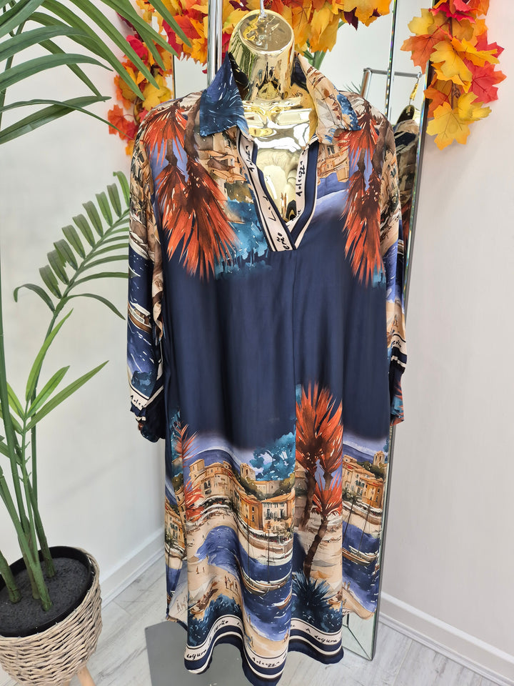 Amalfi Village Silk Dress - Navy- (One Size - fitting from Size 14 to Size 20)